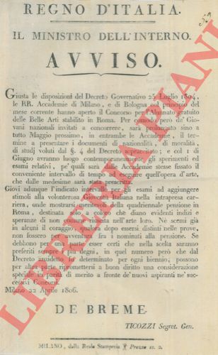 - - Apertura del Concorso per l'alunnato delle Belle Arti in Roma.