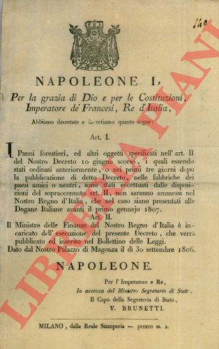 - - Rifiuto dei Panni Forestieri nel Regno D'Italia se non dopo il 1 gennaio 1807