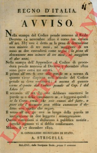 - - Errata Corrige riguardante la Stampa del Codice Penale annesso al Reale Decreto datato 12 Novembre 1810.