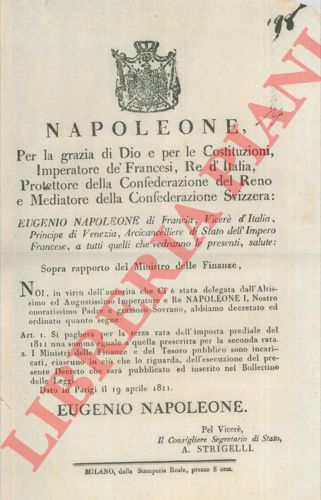 - - Pagamento della terza rata dell'Imposta prediale del 1811.
