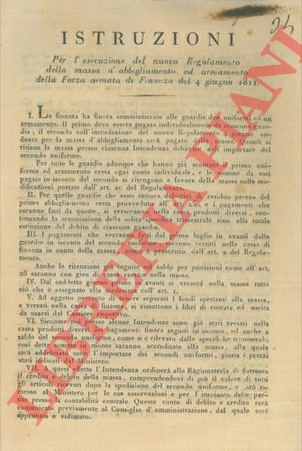 - - Istruzioni per l'esecuzione del nuovo Regolamento della massa d'abbigliamento ed armamento della Forza Armata di Finanza.