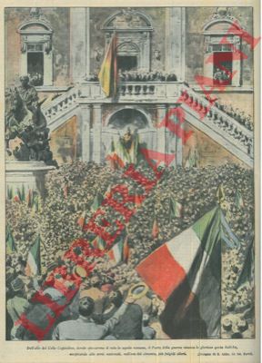 Disegno di ABBO E. da foto di FERRI - - Dall'alto del Colle Capitolino il poeta della guerra evoca le gloriose gesta italiche.