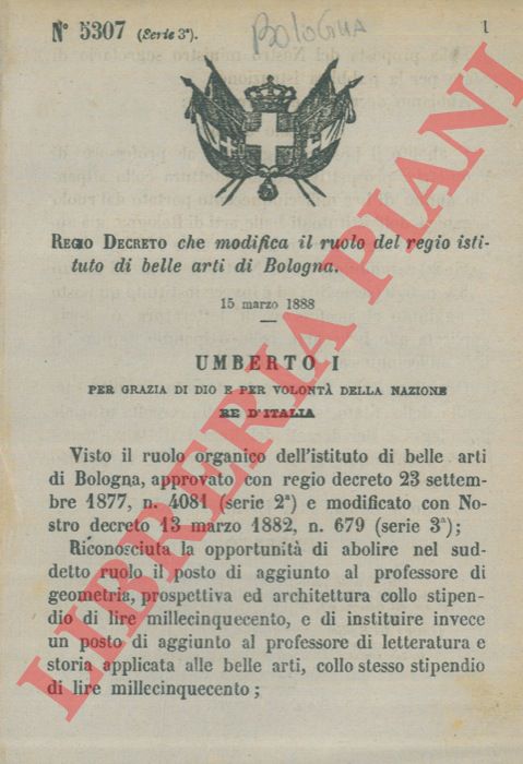 Regio Decreto - che modifica il ruolo del regio istituto di belle arti di Bologna.