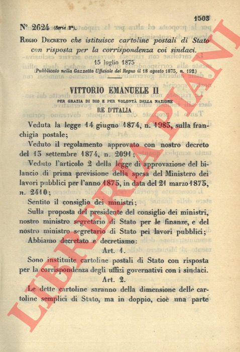 Regio Decreto - che istituisce cartoline postali di Stato con risposta per la corrispondenza coi sindaci.