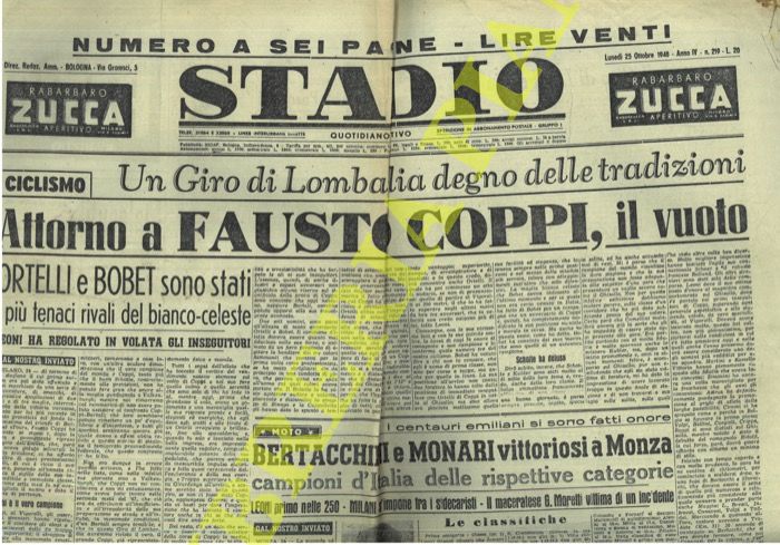 - - Attorno a Fausto Coppi, il vuoto. (Giro di Lombardia).