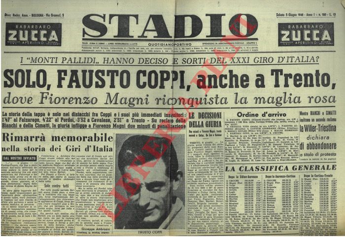 - - Solo, Fausto Coppi, anche a Trento, dove Fiorenzo Magni riconquista la maglia rosa.