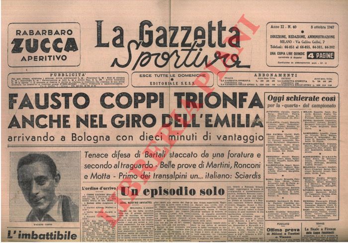 - - Fausto Coppi trionfa anche nel Giro dell'Emilia arrivando a Bologna con dieci minuti di vantaggio.