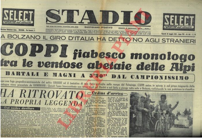 - - Coppi fiabesco monologo tra le ventose abetaie delle Alpi. Bartali e Magni a 5'20
