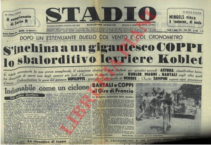 - - Dopo un estenuante duello col vento e col cronometro s'inchina a un gigantesco Coppi lo sbalorditivo levriere Koblet.