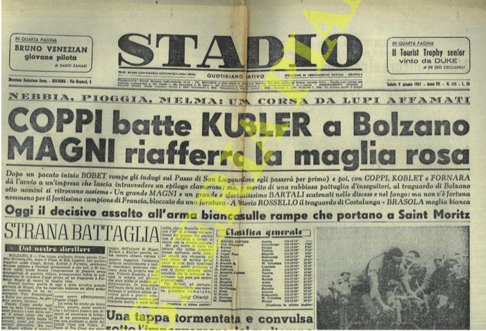 - - Coppi batte Kubler a Bolzano Magni riafferra la maglia rosa.