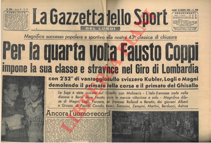 - - Per la quarta volta Fausto Coppi impone la sua classe e stravince nel Giro di Lombardia con 2'52