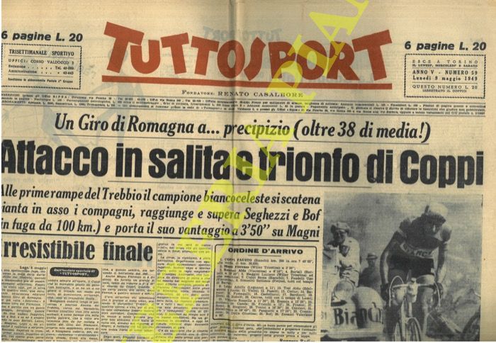 - - Un Giro di Romagna aprecipizio (oltre 38 di media!). Attacco in salita e trionfo di Coppi.