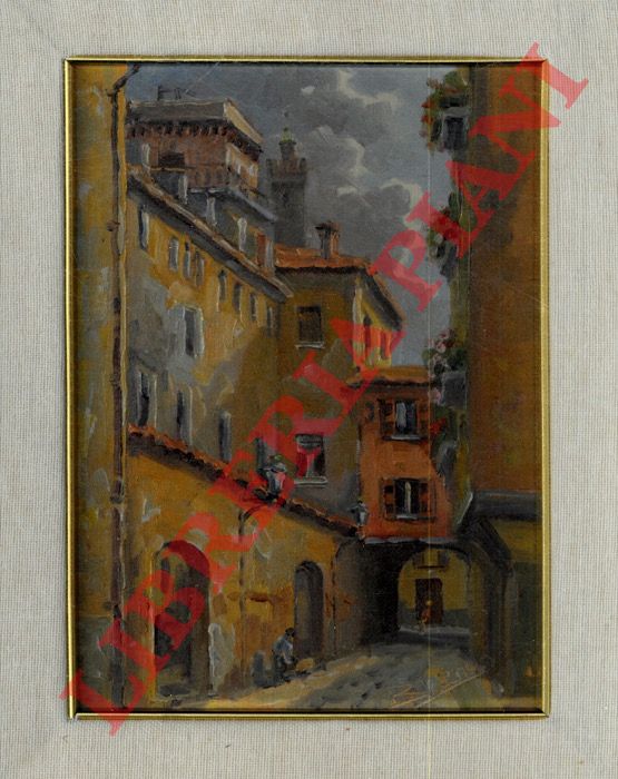 Brando (Ildebrando Pini) - - Ghetto di Bologna. Via Valdonica, vista dal Museo Ebraico verso le  Due Torri (con Asinelli).