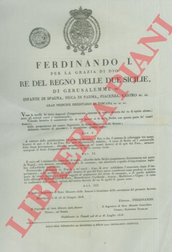 - - Abolizione di dazio per favorire il commercio con la Sicilia di cacio e caciocavallo.