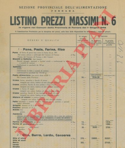 Sezione Provinciale dell'Alimentazione - - Listino prezzi massimi in vigore nei Comuni della Provincia di Ferrara dal 1 giugno 1946.