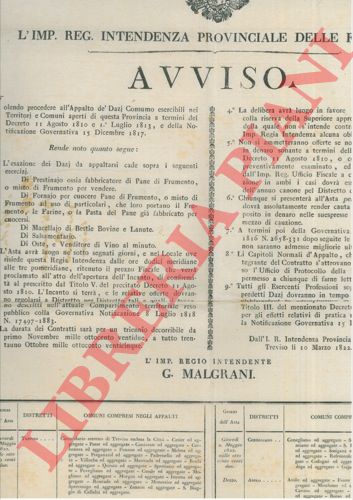 - - Appalto dei Dazi di Consumo per : Prestinaj, Fornaj, Macellai bovini e lanuti, Salsamentari, Osti e Venditori di Vino al Minuto