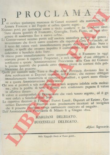 - - Obbligo di non condurre fuori dallo Stato alcuna quantit di Frumento, Granaglia, Biada, Fieno ed ogni algtro genere di sussistenza.