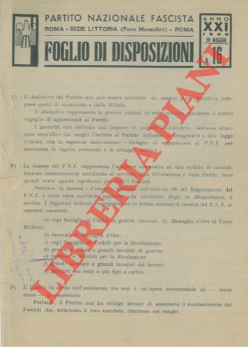 Partito Nazionale Fascista - - Foglio di Disposizioni.
