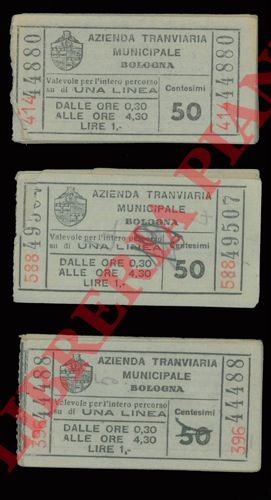 Azienda Tranviaria Municipale di Bologna - - Biglietti del tram. Bologna. Cent. 50.