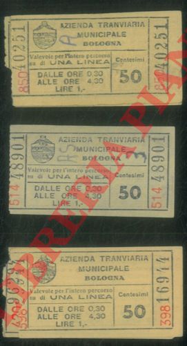 Azienda Tranviaria Municipale di Bologna - - Biglietti del tram. Bologna. Cent. 50.