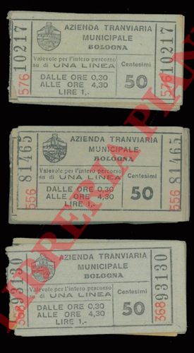 Azienda Tranviaria Municipale di Bologna - - Biglietti del tram. Bologna. Cent. 50.