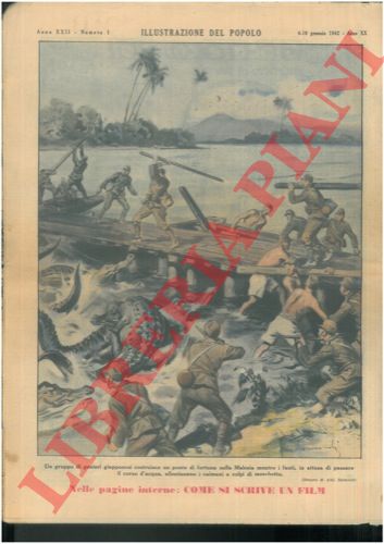 RAIMONDI Aldo - - Un gruppo di genieri giapponesi costruisce un ponte di fortuna nella Malesia mentre i fanti, in attesa di passare il corso d'acqua, allontantano i caimani a colpi di moschetto.