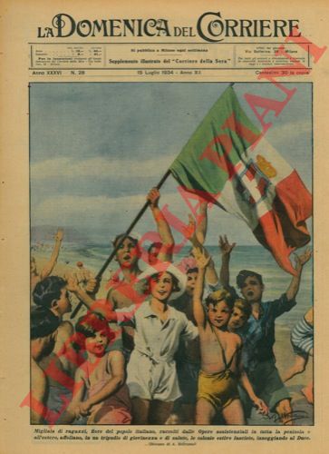 BELTRAME A. - - Colonie estive fasciste. Bambini inneggiano al Duce sventolando un tricolore.