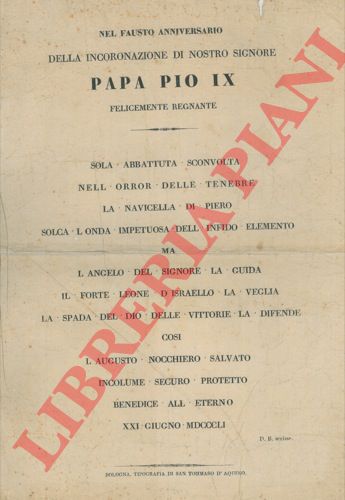 D.B. - - Nel fausto anniversario della incoronazione di Papa Pio IX.