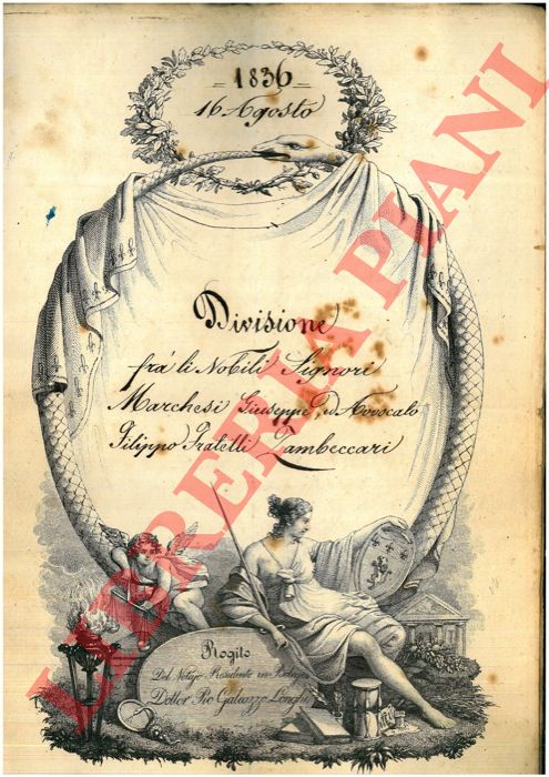 Marchesi - Zambeccari - Divisione di beni tra cui un corpo di terra, una possessione detta San Paolo, una detta San Michele posti nel Comune di Villa Fontana, un predio detto Quarto posto nel Comune di Quarto, un predio detto Riolo posto a Castenaso, un pezzo di terra detto Il prato dell'Abbate posto nel Comune di Zola, un predio detto Pino posto nel comune degli Alemanni, un pezzo di terra detto Castellina posto nel Comune di Saletto, una casa in Strada Maggiore 637 a Bologna.