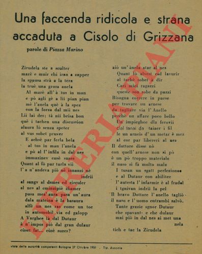 PIAZZA Marino - - Una faccenda ridicola e strana accaduto a Cisolo di Grizzana. (in dialetto bolognese).