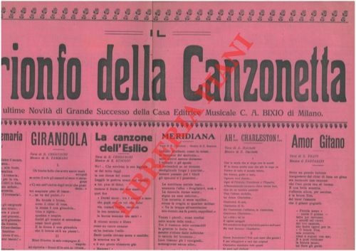 - - Trionfo della Canzonetta. Le ultime novit .. della Casa Editrice Musicale Bixio,