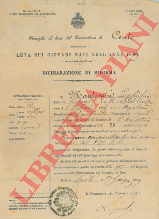 Circondario di Cento - - Leva sui giovani nati nell'anno 1869. Dichiarazione di riforma.