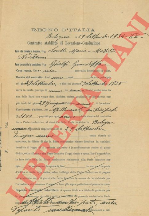 Ardizzoni/Ghelfi - - Contratto d'affitto di una casa in Mirabello (Bologna)