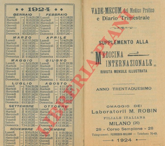 Laboratori M. Robin. Milano - - Vede-Mecum del medico prstico e Diario trimestrale. Supplemento alla 