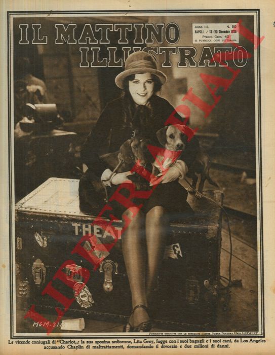 - - Le vicende coniugali di 'Charlot' : la sua sposina sedicenne, Lita Grey, fugge con i suoi bagagli e i suoi cani, da Los Angeles accusando Chaplin di maltrattamenti, domandano il divorzio e due milioni di danni.