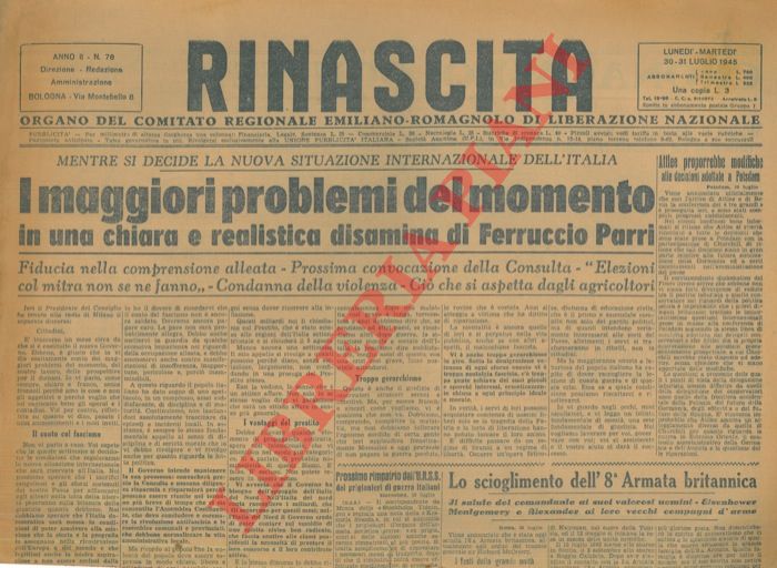- - Rinascita. Organo del Comitato Regionale Emiliano - Romagnolo di Liberazione Nazionale.
