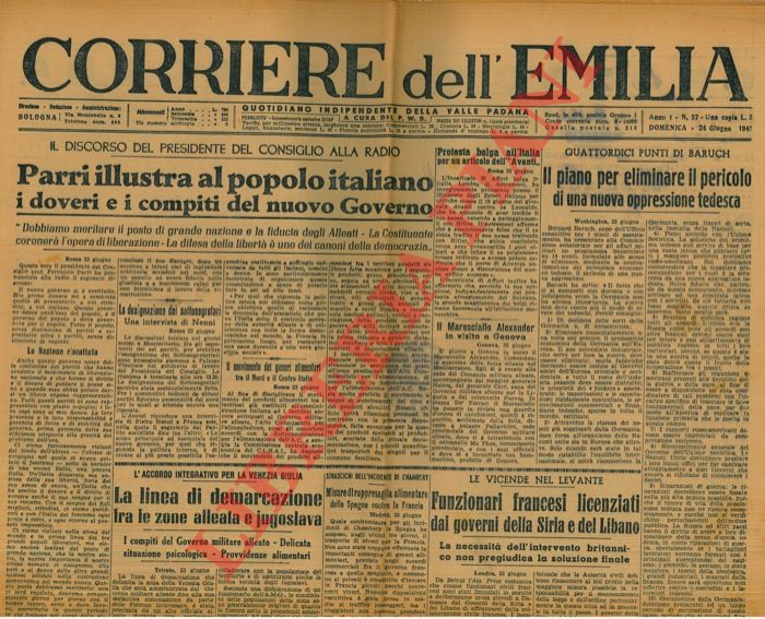 - - Parri illustra al popolo italiano i doveri e i compiti del nuovo governo.