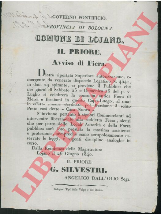 - - Avviso di Fiera di Merci e Bestiami, a Lojano  il 25 e 26 luglio 