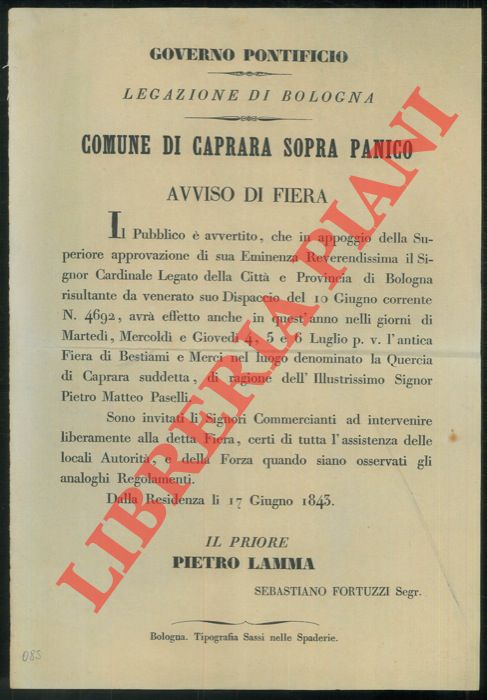 - - Avviso di Fiera (di Marzabotto) a Caprara sopra Panico il 4, 5 e 6 luglio. Nel luogo denominato la 