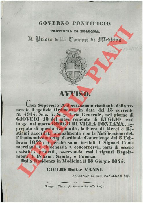 - - Avviso di fiera di merci e bestiami. Nel giorno 10 luglio, in Villa Fontana (Medicina).
