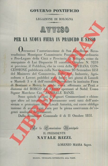 - - Avviso per la nuova Fiera in Praduro e Sasso, il 3 e 4 novembre n prati del Borgo di Sasso del Marchese Annibale Banzi.