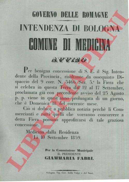 - - Avviso di fiera. Prolungamento di un giorno (18 settembre) che  domenica.