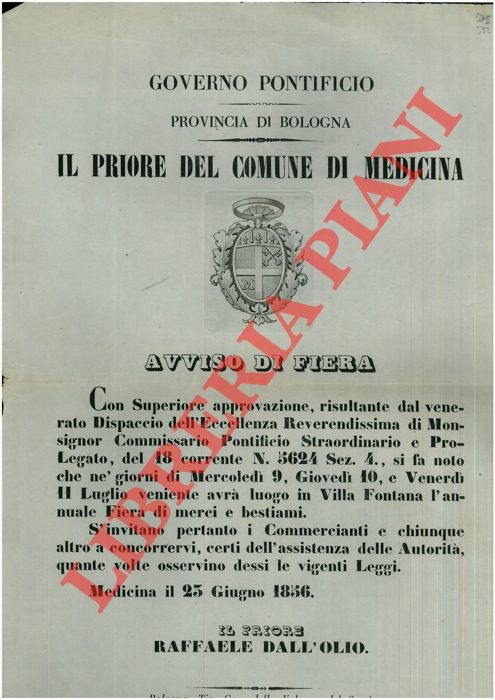 - - Avviso di fiera di merci e bestiami, nei giorni 9, 10 e 11 luglio, in Villa Fontana.