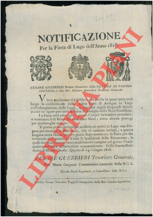 - - Per la Fiera di Lugo dell'anno 1818, dal 5 al 20 settembre.