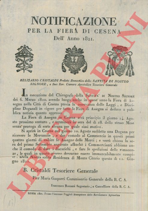 - - Per la Fiera di Cesena dell'anno 1821, dal 14 al 28 agosto.