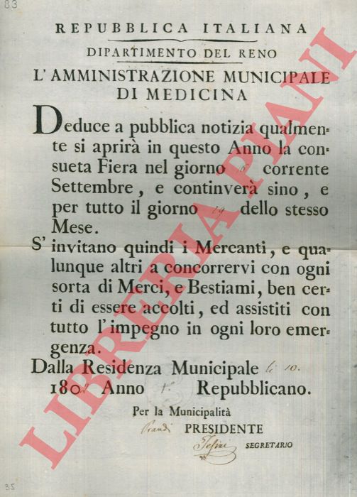- - Avviso di fiera di merci e bestiami, nei giorni dal 16 al 19 settembre.