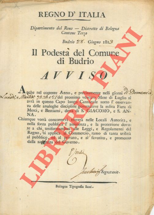 - - Avviso di fiera di merci e bestiami, detta di S.Giacomo e S.Anna nei giorni 25, 26 e 27 luglio..