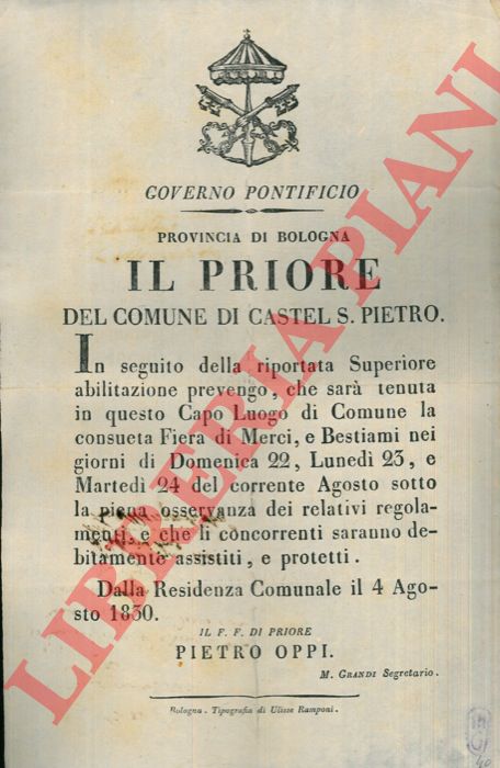 - - Avviso di fiera di merci e bestiami, nei giorni 22, 23 e 24 agosto.