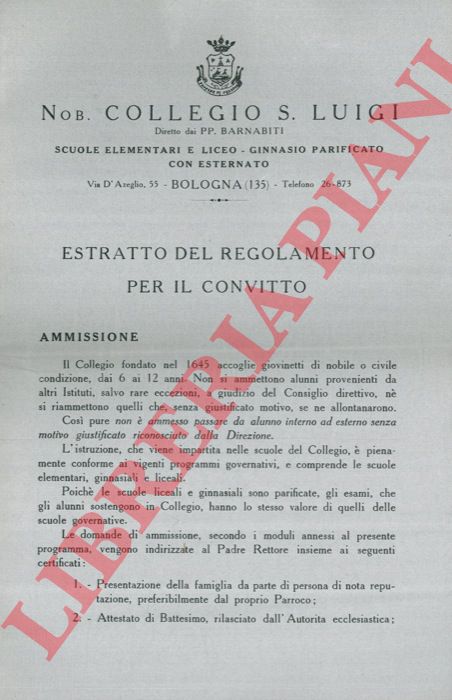 - - Nob. Collegio S. Luigi diretto dai PP Barnabiti. Estratto del Regolamento per il Convitto.