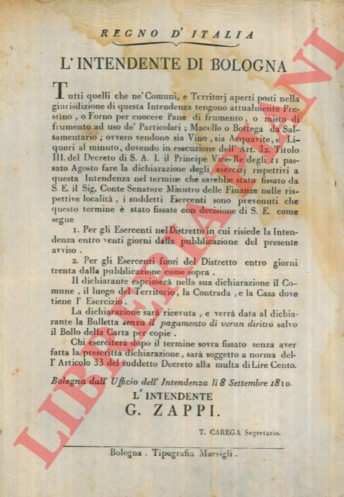 - - Prestini, Forni da Pane, Macello o Bottega da Salsamentario, Venditori di Vino, Acquavite e Liquori debbono dichiarare i rispettivi esercizi.